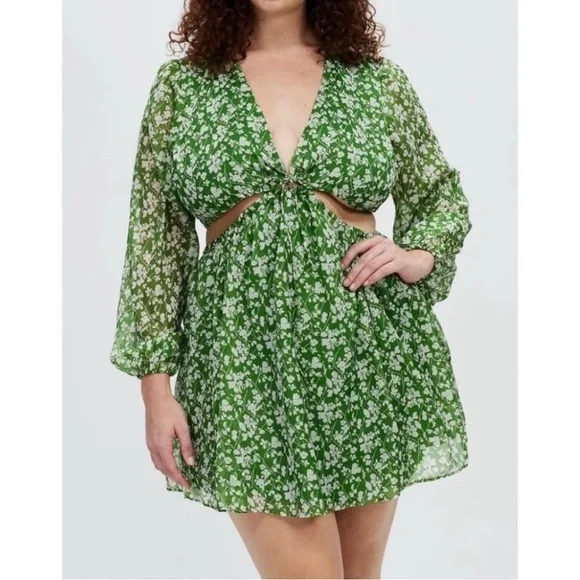 NWT Abercrombie & Fitch Long-sleeve sheer Green Floral Cutout Dress - Small - Picture 1 of 10
